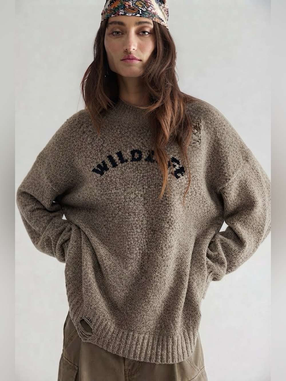 Brown Tweed Wildlife Distressed Crew Neck Sweater Oversized Grunge Boho XXL